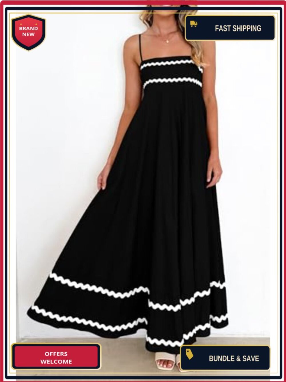 Boho Maxi Dress Sleeveless Square Neck High Waist Flowy Sundress with Pockets - Picture 3 of 6